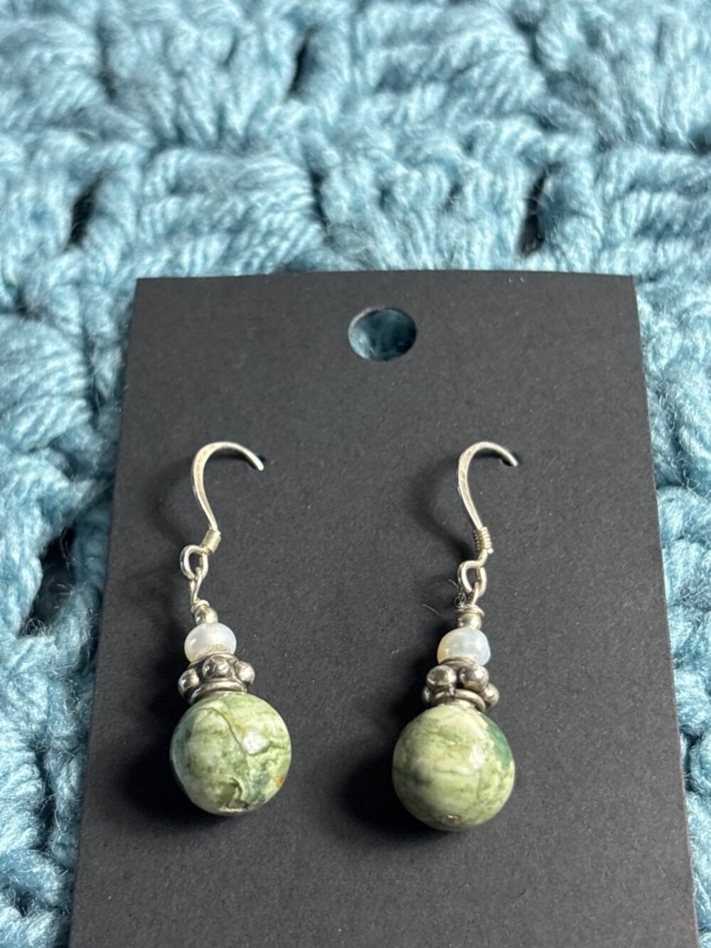 Green Stone Bead Dangle Earrings Pearl 925 Sterling Silver Hooks 1 inch
